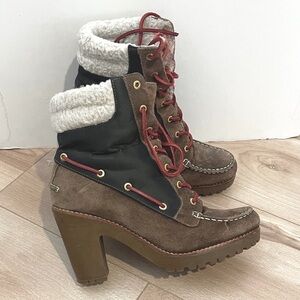 Sperry Brown and Black Heeled Boots with Red Accents